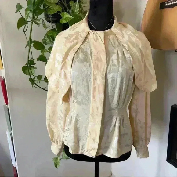 Vtg 90s Courtney Rhodes 100% Silk Buttercream Floral Necktie Blouse - Size 6P - Picture 5 of 9